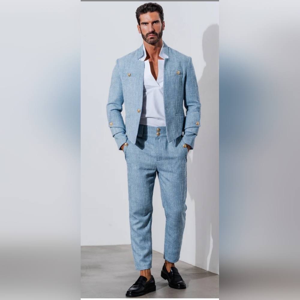 ORTTU Light Blue Two-Piece Men's Suit with Gold Buttons